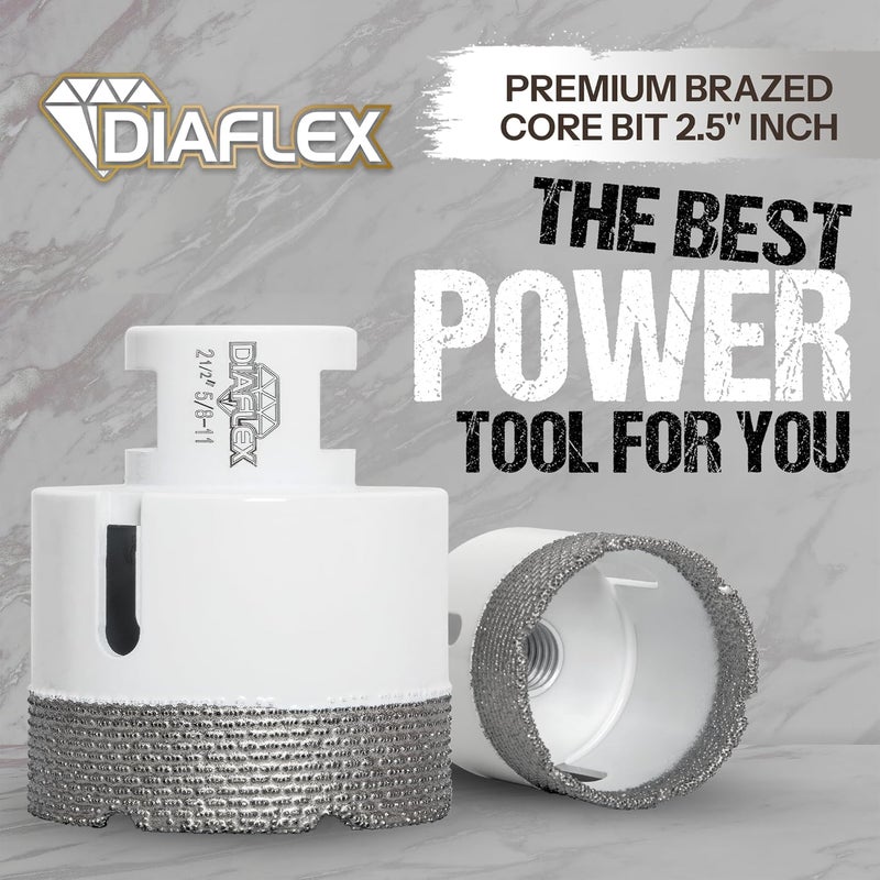 DIAFLEX Premium Brazed Core Bit – 2-1/2" Diamond Hole Saw for Porcelain, Ceramic, Stone, Dekton – 5/8"-11 Thread – Fast Clean Cuts – Vacuum Brazed – Wet or Dry Use - Image 2